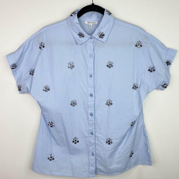Dizzy Lissy Floral Beaded Button Up Blouse Top Shirt Size Medium M Womens - Picture 1 of 11